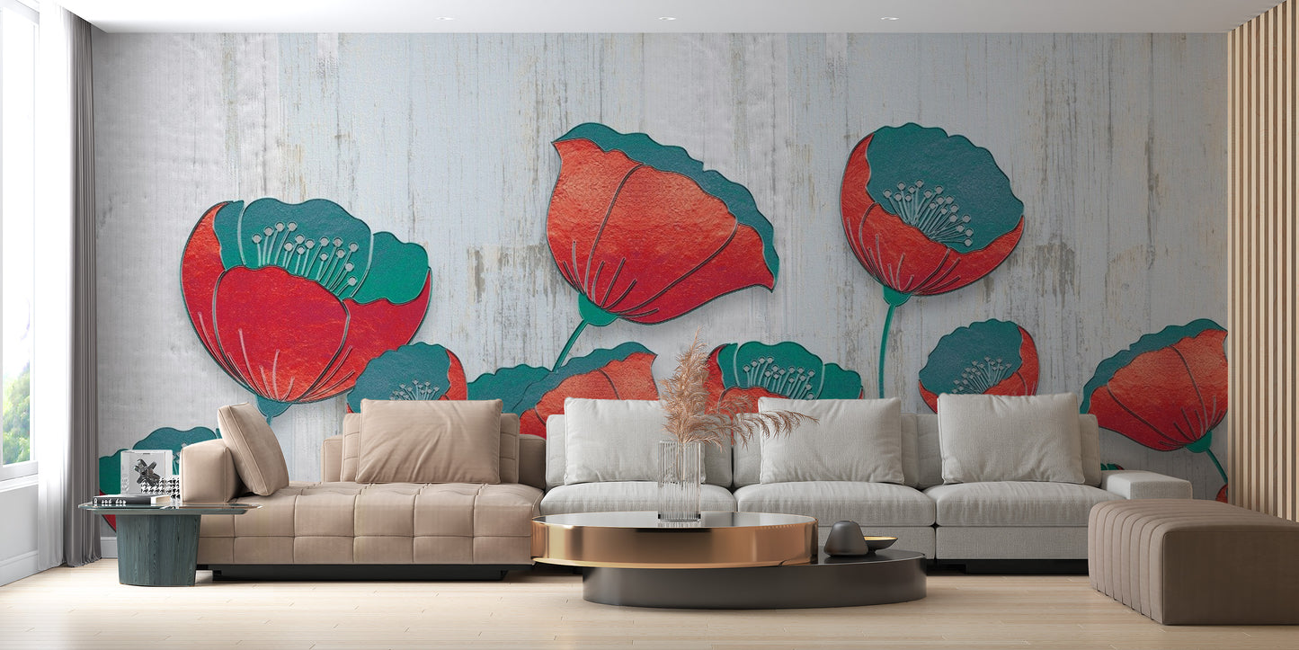 Blooming 3D Red Floral Wallpaper Mural - Giffywalls