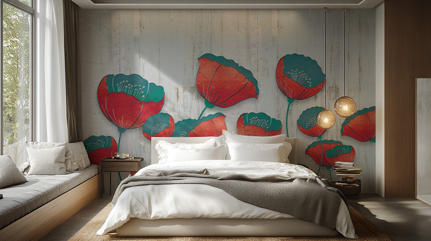 3D Red Floral Blooming Wall Mural
