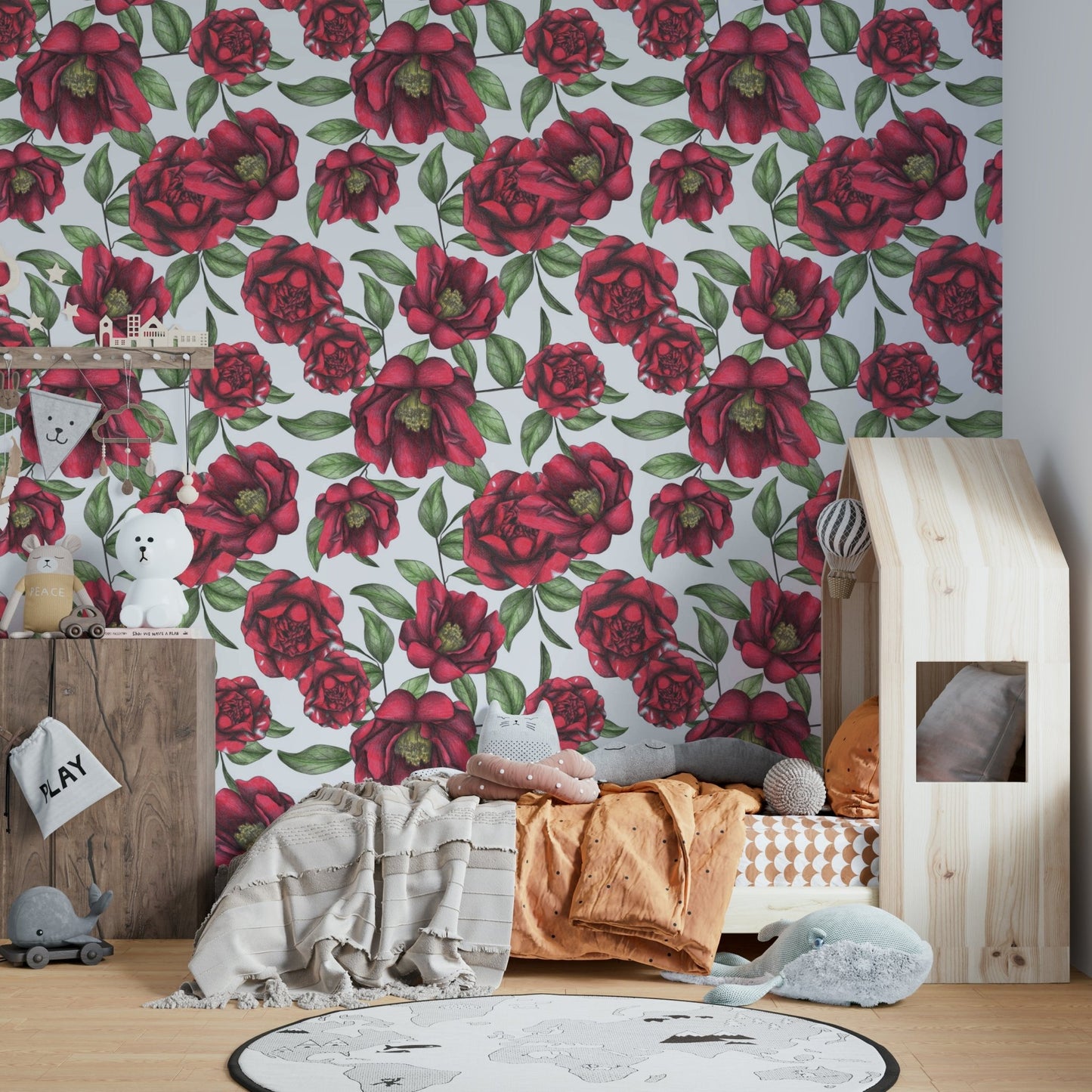 Botanical wallpaper with detailed red flowers

