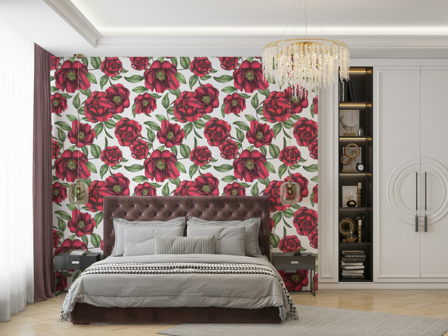 Traditional camellia wallpaper in repeating layout

