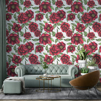 Red camellia flower wallpaper with green leaves

