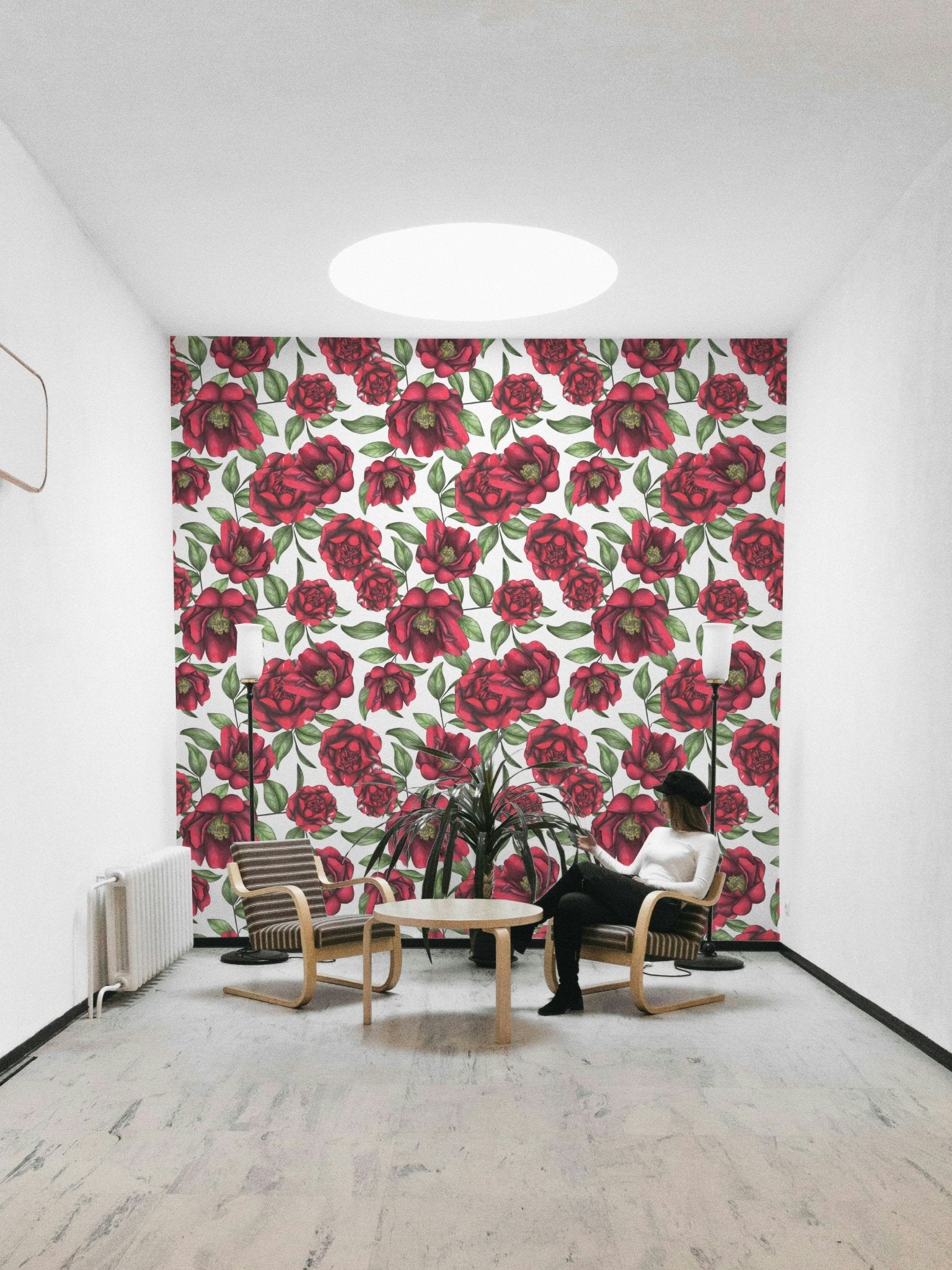 Green and red camellia wallpaper for bedrooms

