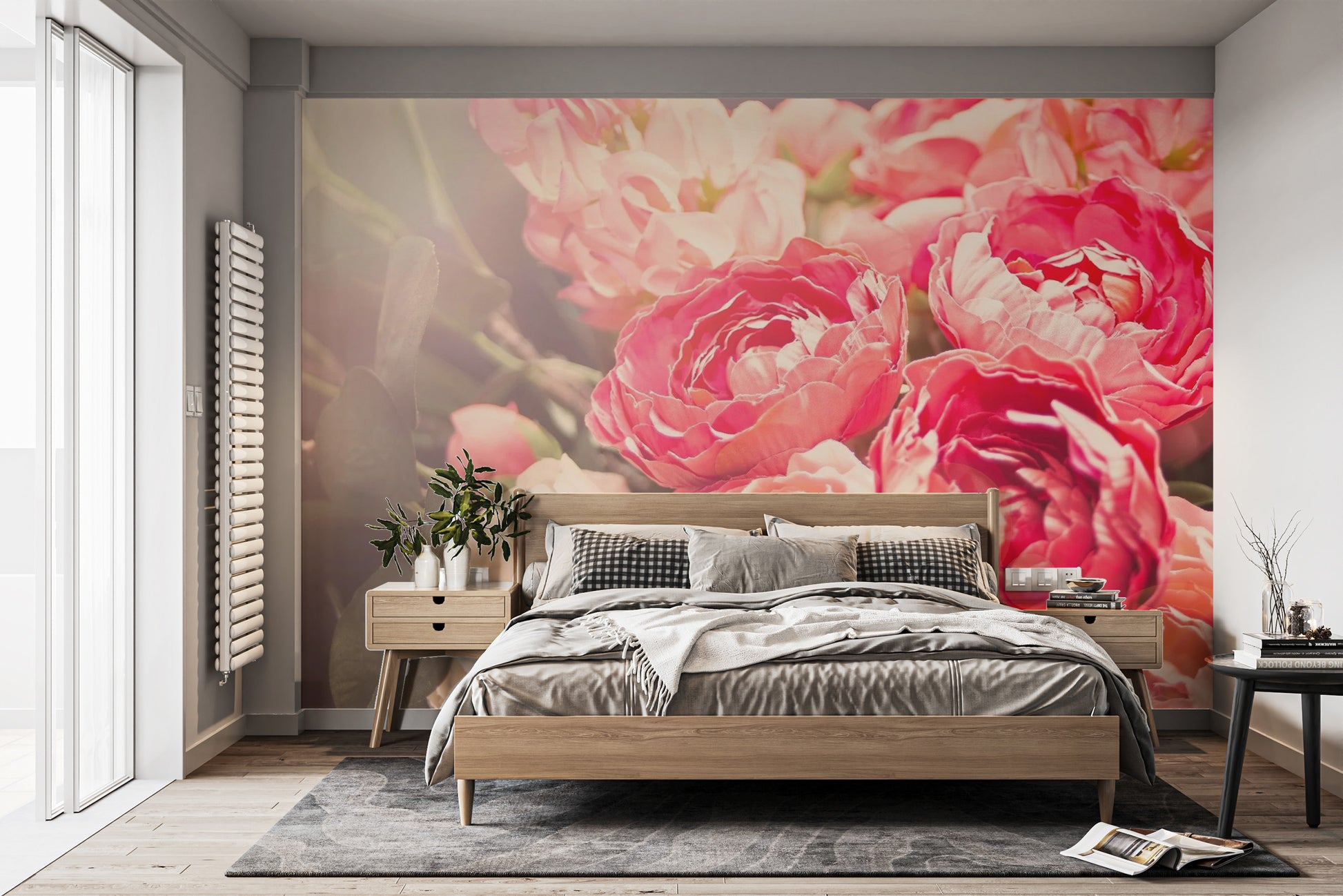 Light cream Flowers  background bedroom wallpaper mural with scattered pink blossoms.