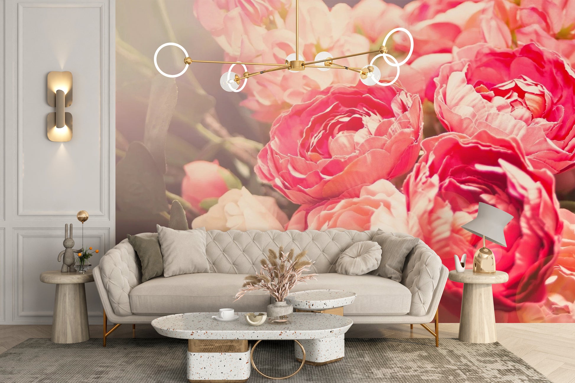 Vibrant Flowers garden themed office wall mural with layered rose illustrations.