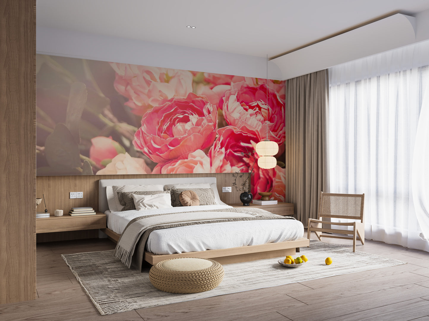 Soft pastel pink flowers bedroom mural for a serene feature wall.