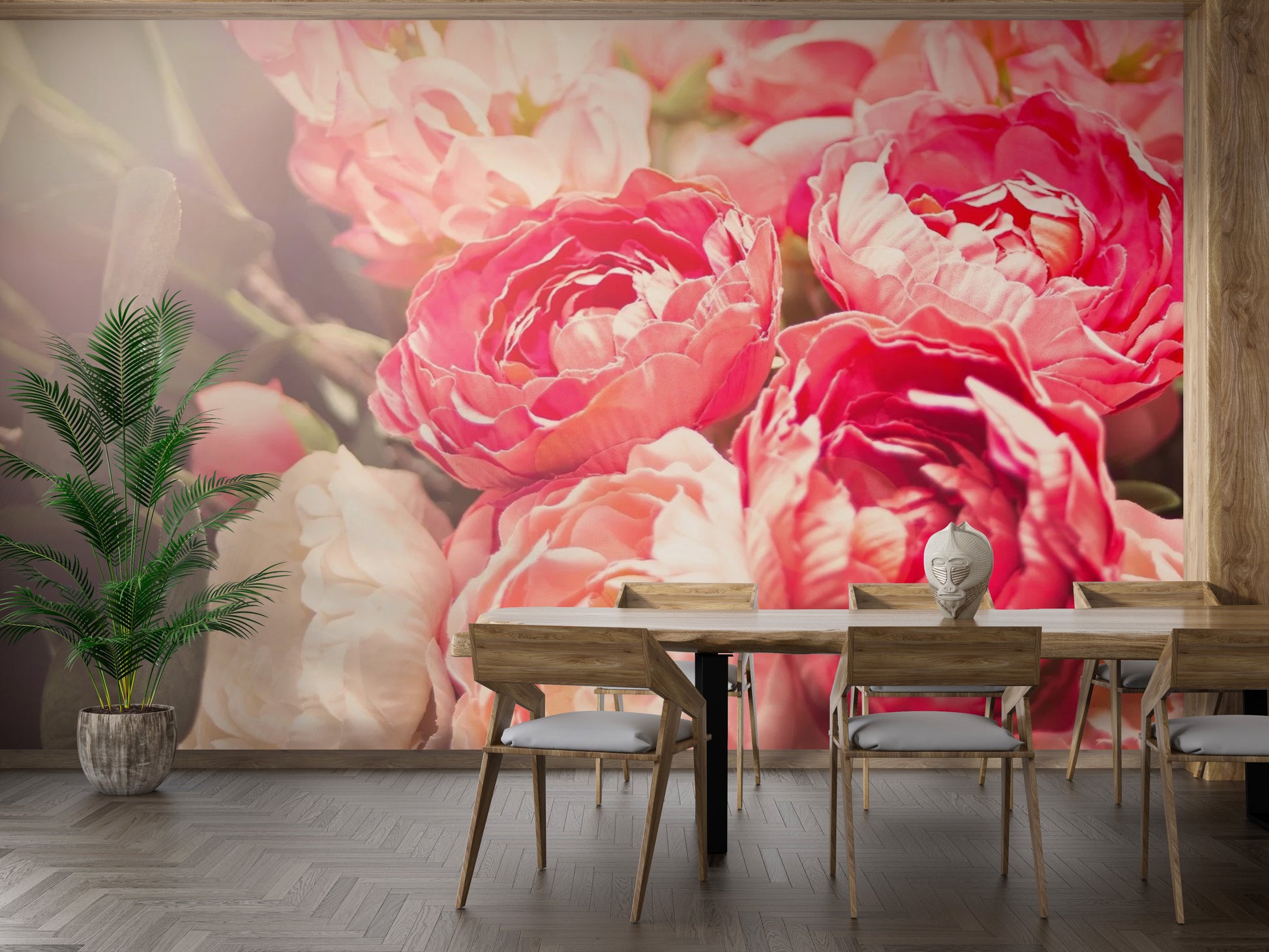 Detailed botanical Flowers diningway wall mural with large scale cherry blossoms.