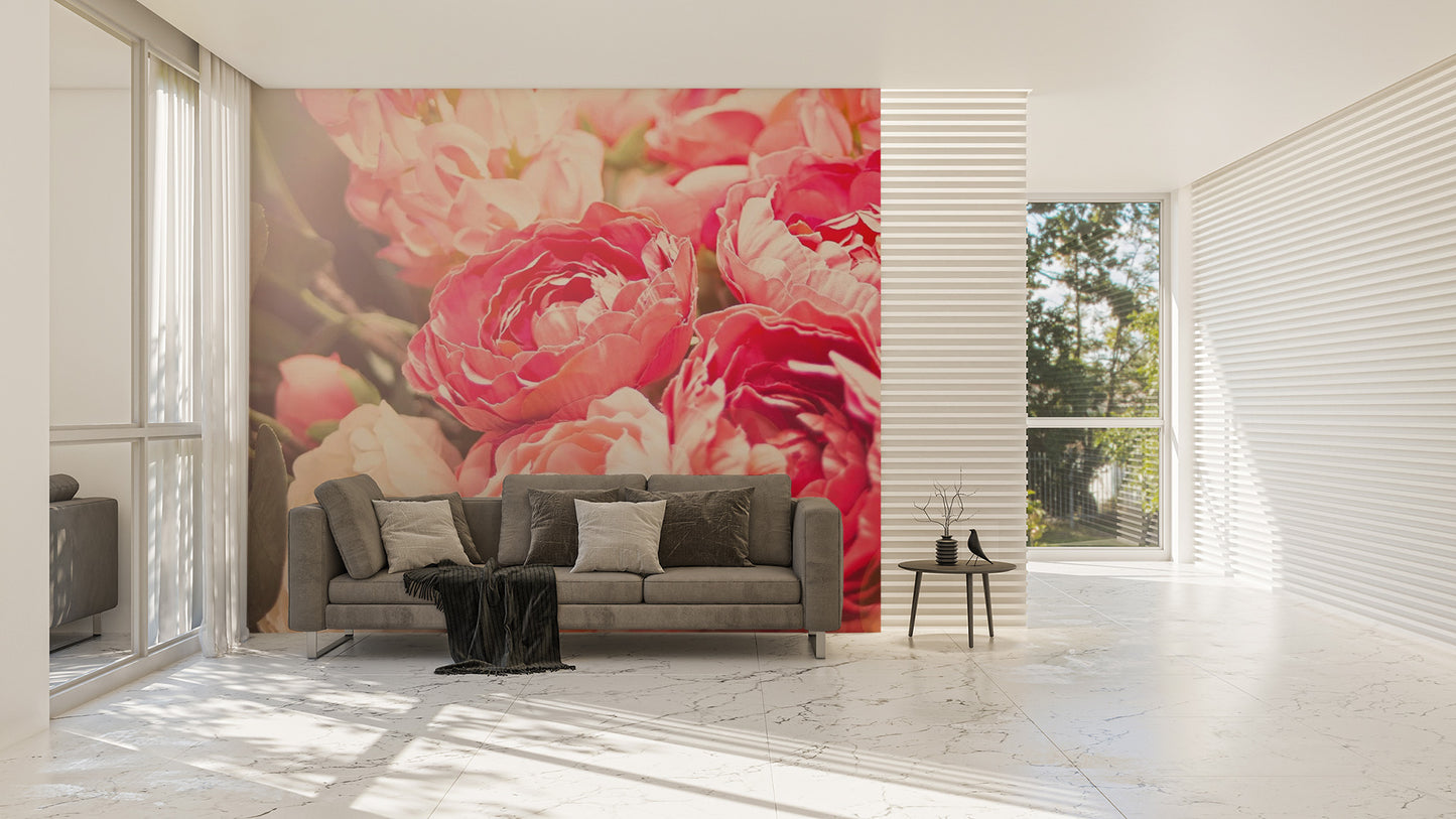 Elegant peony Flowers hallway wall mural featuring deep rose and blush tones.