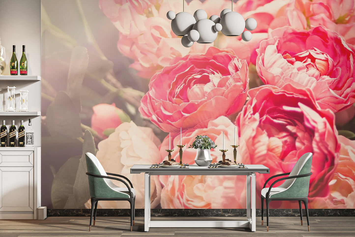 Blooming pink flowers dining area wall mural with soft watercolor petals.
