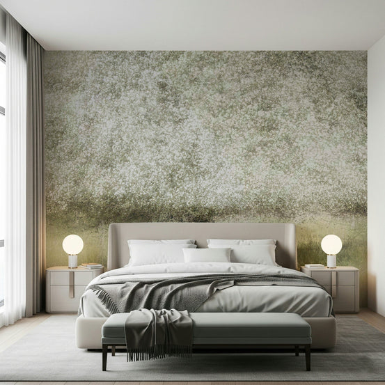 Blooming Dreams wallpaper mural of white blossom over green meadow behind a beige bed in a serene bedroom
