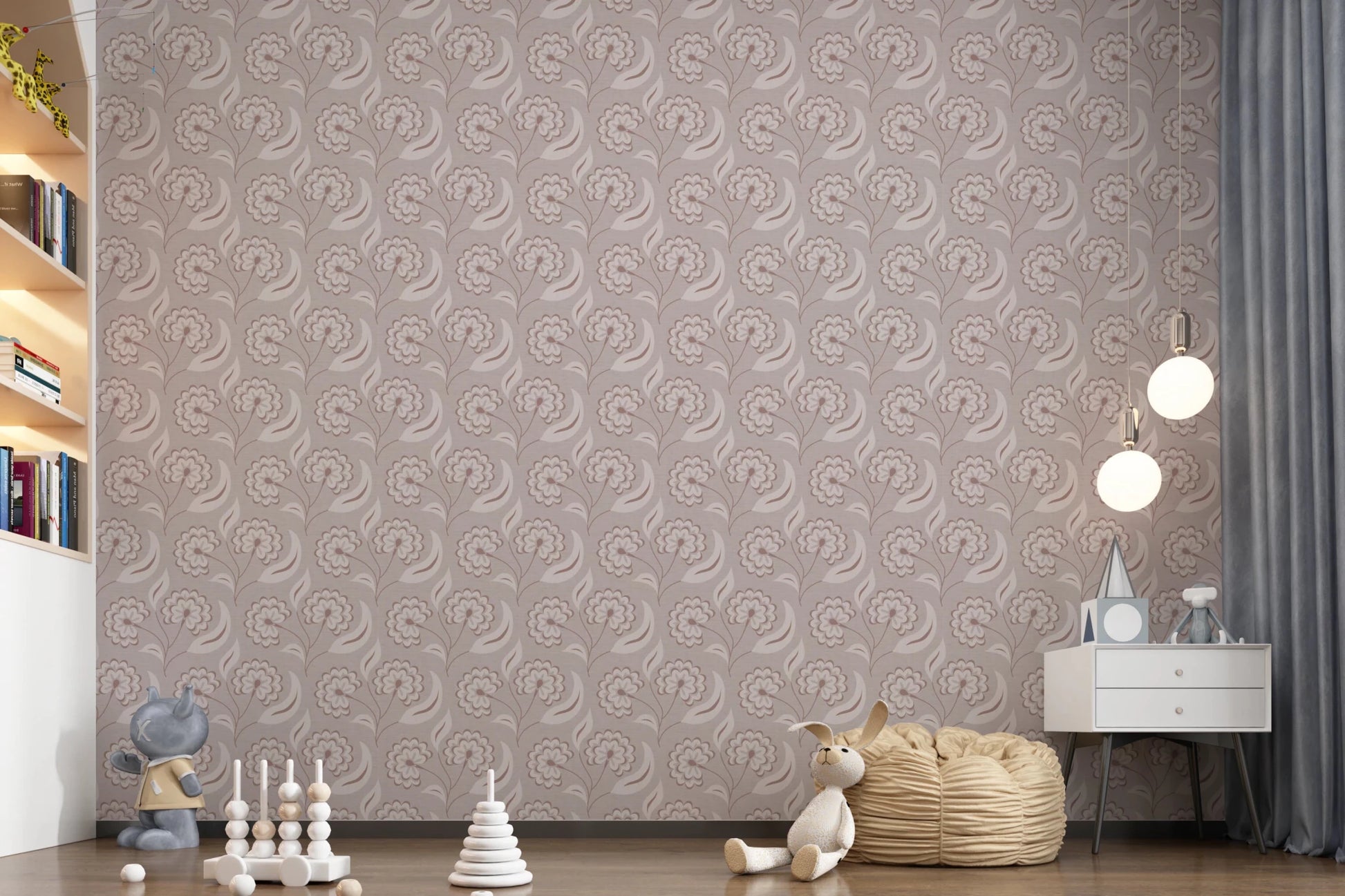 Bloomscape Beige wallpaper in mauve florals in a kids room with plush toys, a bookshelf and a rattan pouf