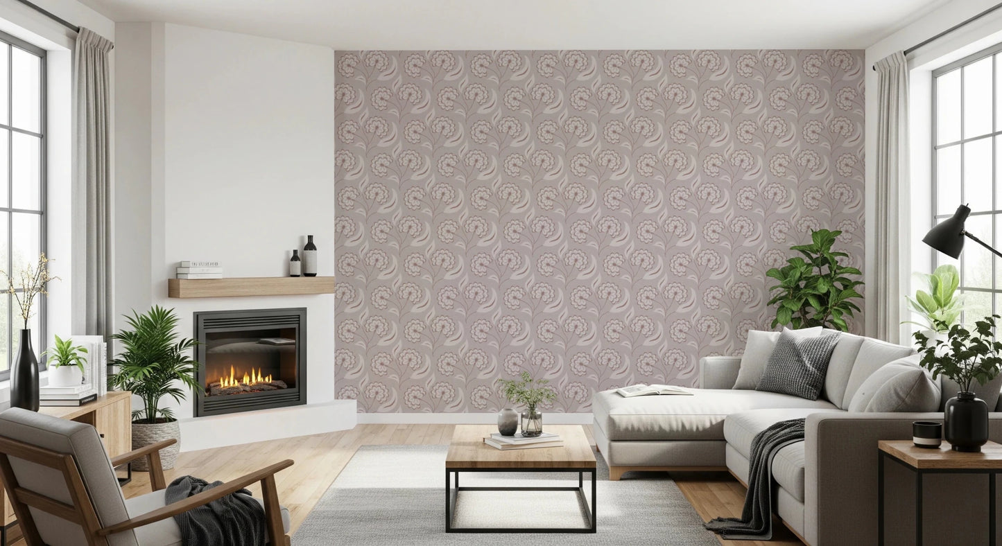 Bloomscape Beige wallpaper in dusty-pink florals beside a fireplace behind a cream sectional in a living room