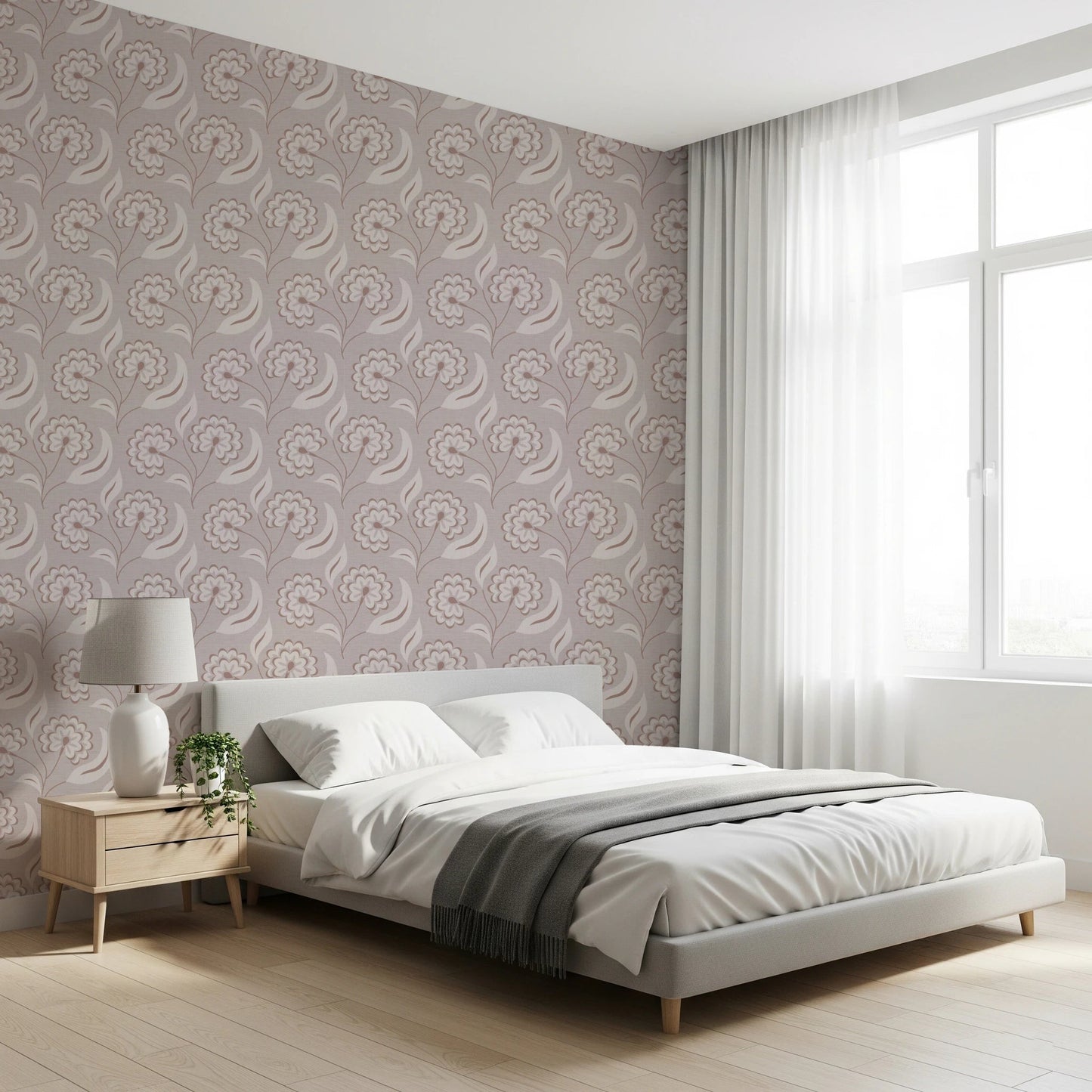 Bloomscape Beige wallpaper in mauve blooms behind a white platform bed by a sheer-curtained window in a bedroom