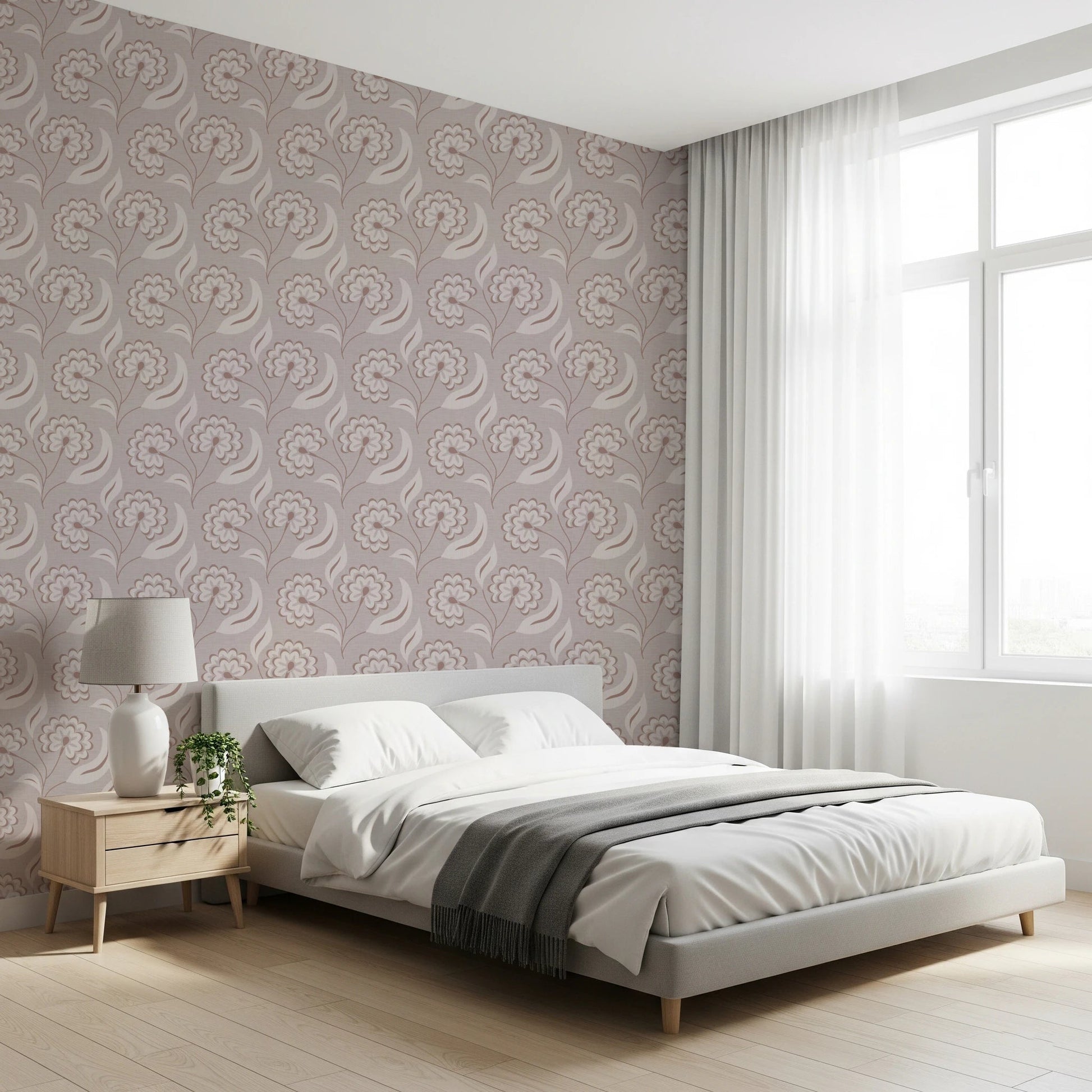 Bloomscape Beige wallpaper in mauve blooms behind a white platform bed by a sheer-curtained window in a bedroom