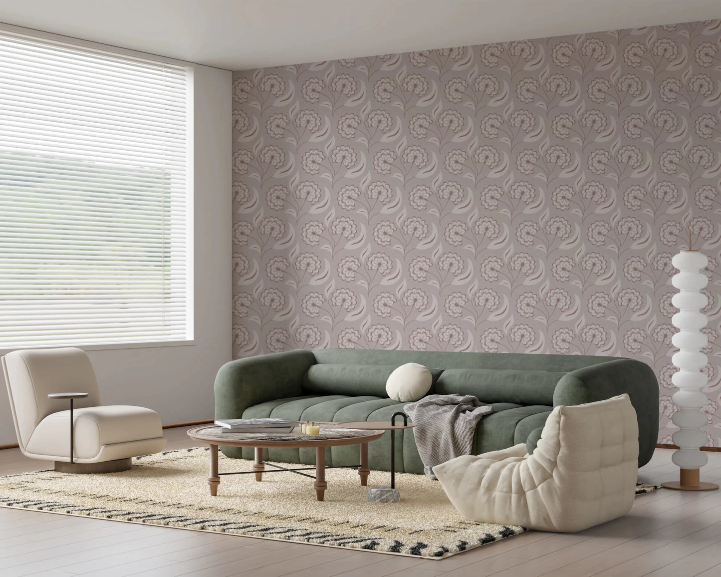 Bloomscape Beige wallpaper in soft mauve behind a green sofa and cream boucle chair in a bright living room