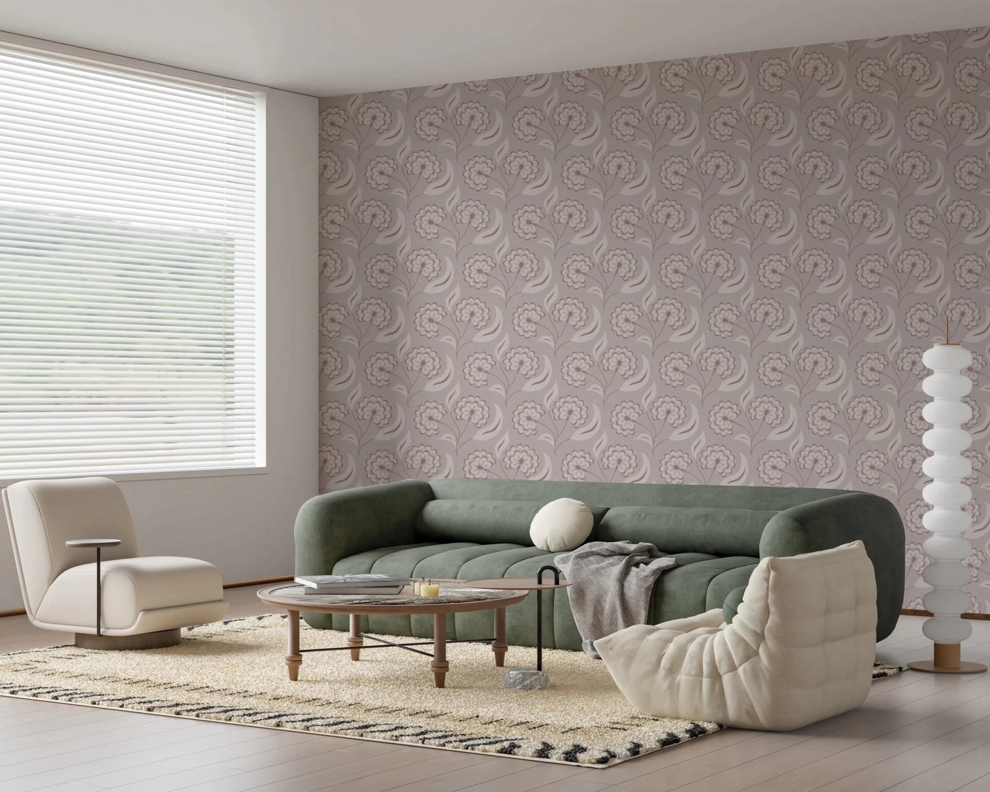 Bloomscape Beige wallpaper in soft mauve behind a green sofa and cream boucle chair in a bright living room