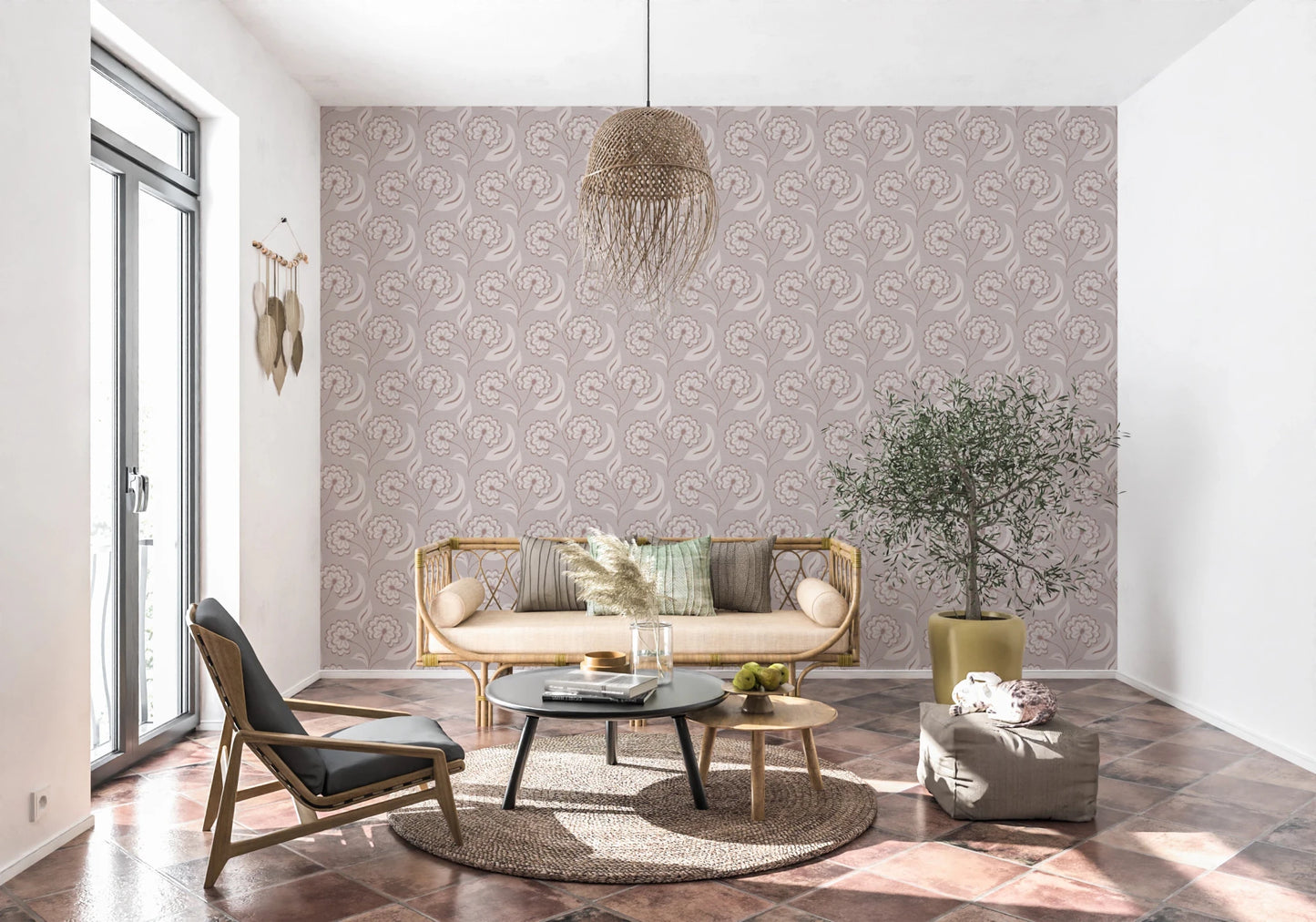 Bloomscape Beige wallpaper in dusty-pink blooms behind a rattan daybed and olive tree on a terracotta floor