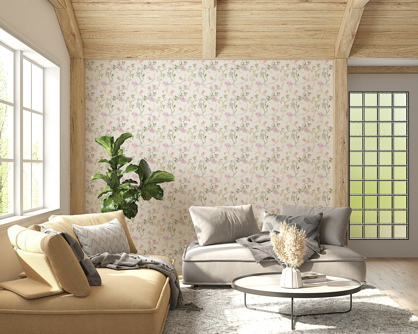 subtle botanical wallpaper showcasing soft flowers and whimsical birds