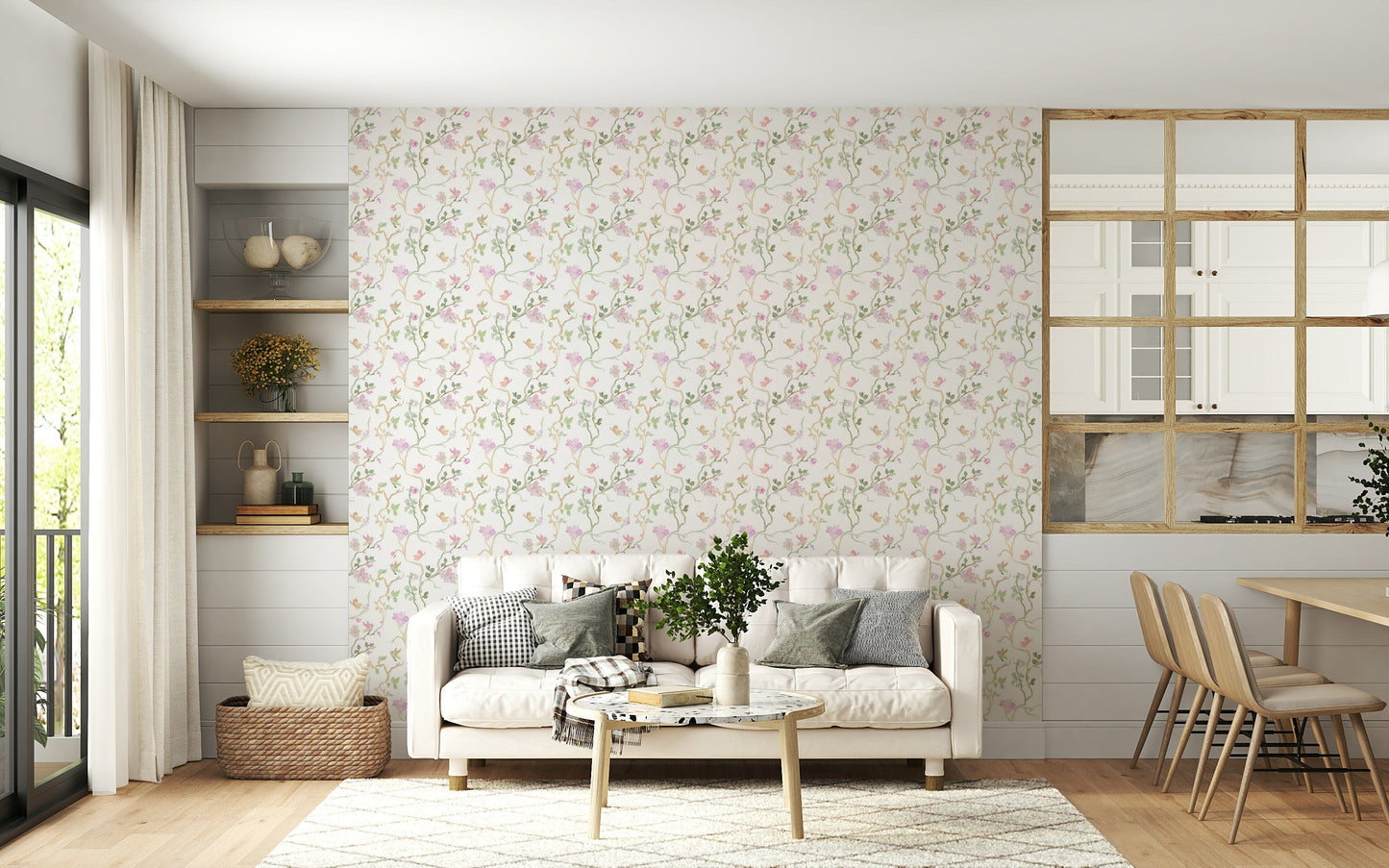 pastel botanical wallpaper with intertwining vines, petals, and small birds