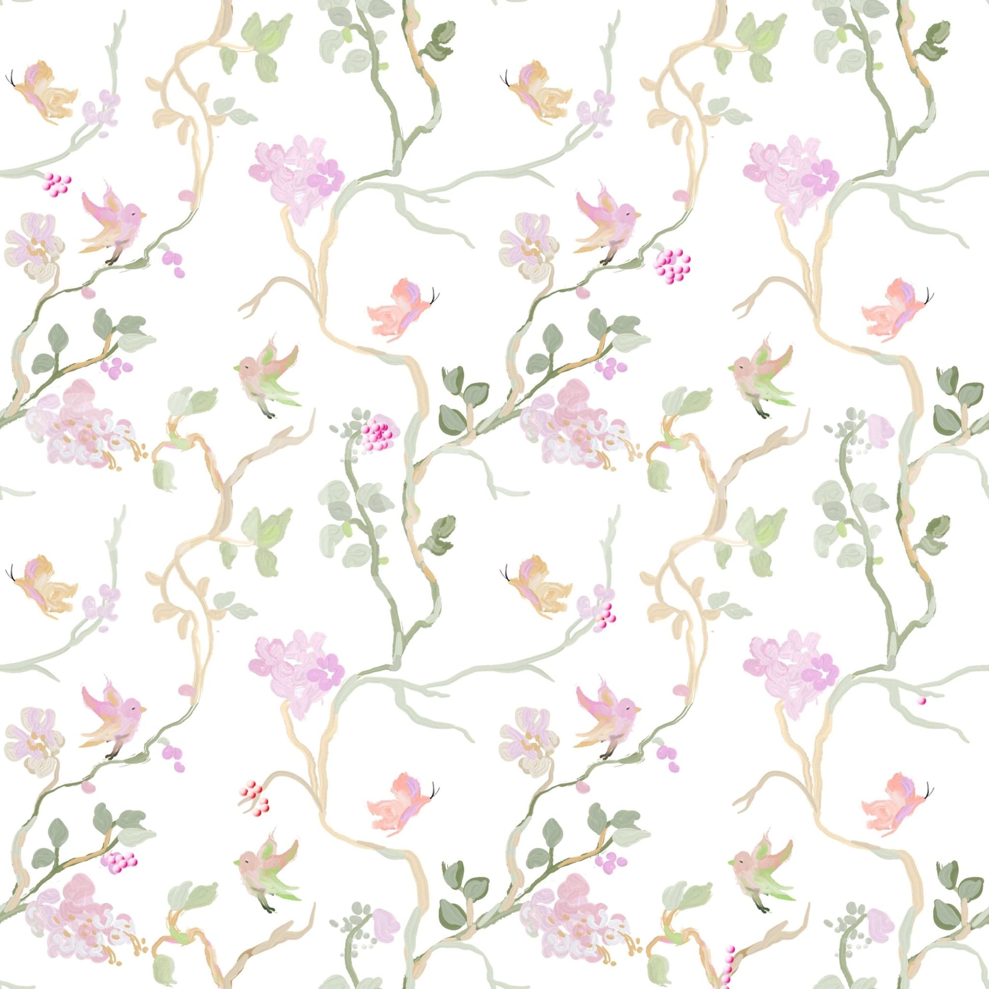 spring floral wallpaper with dainty blossoms and bird motifs