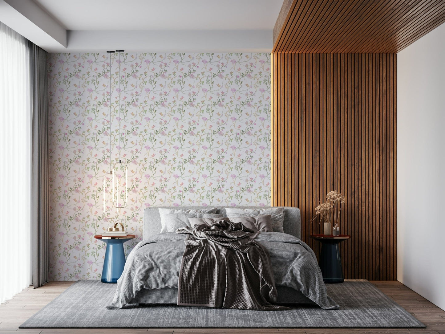 elegant nature-inspired wallpaper with blossoming stems and tiny birds