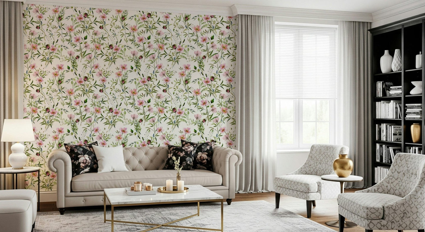 Pink floral artistic wall paper product name Blossom Hues.