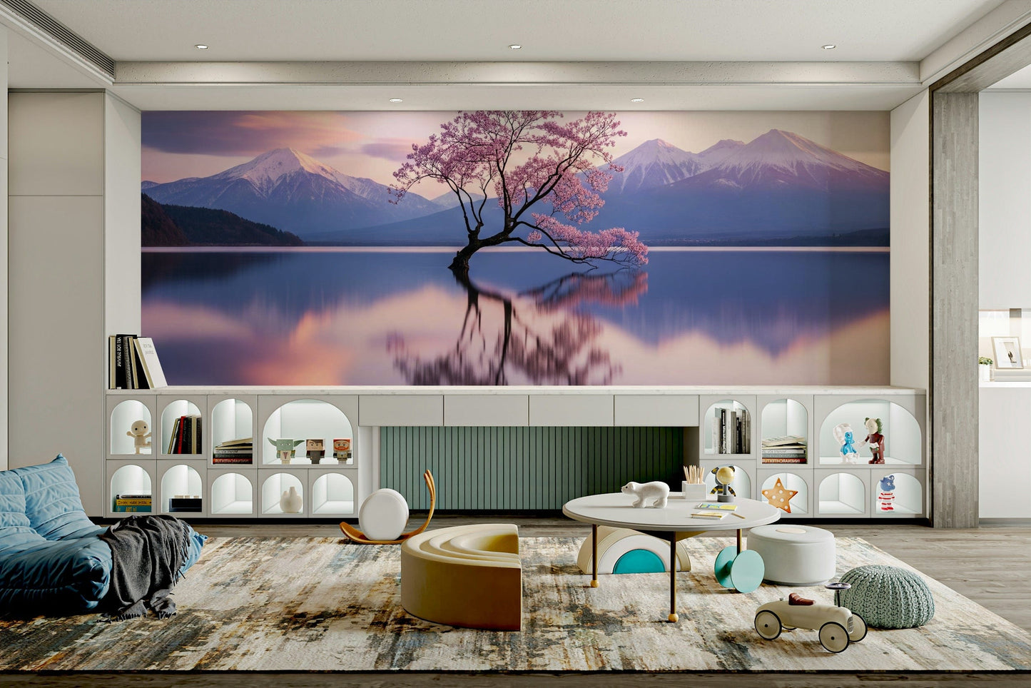 An angled shot of the mural's gentle color palette.