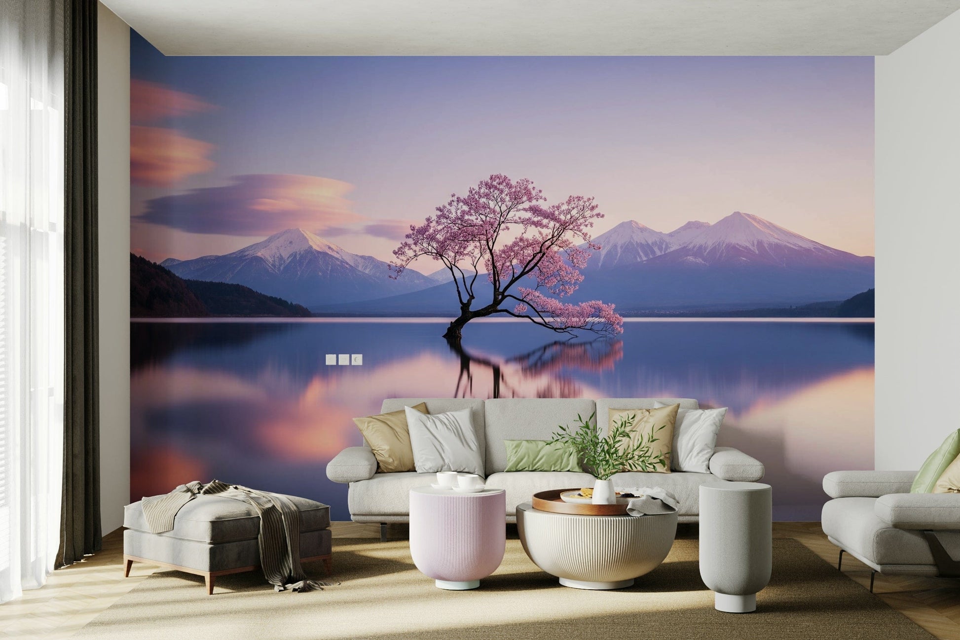 The wallpaper is used as a feature wall in a bedroom.