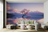 The wallpaper is used as a feature wall in a bedroom.