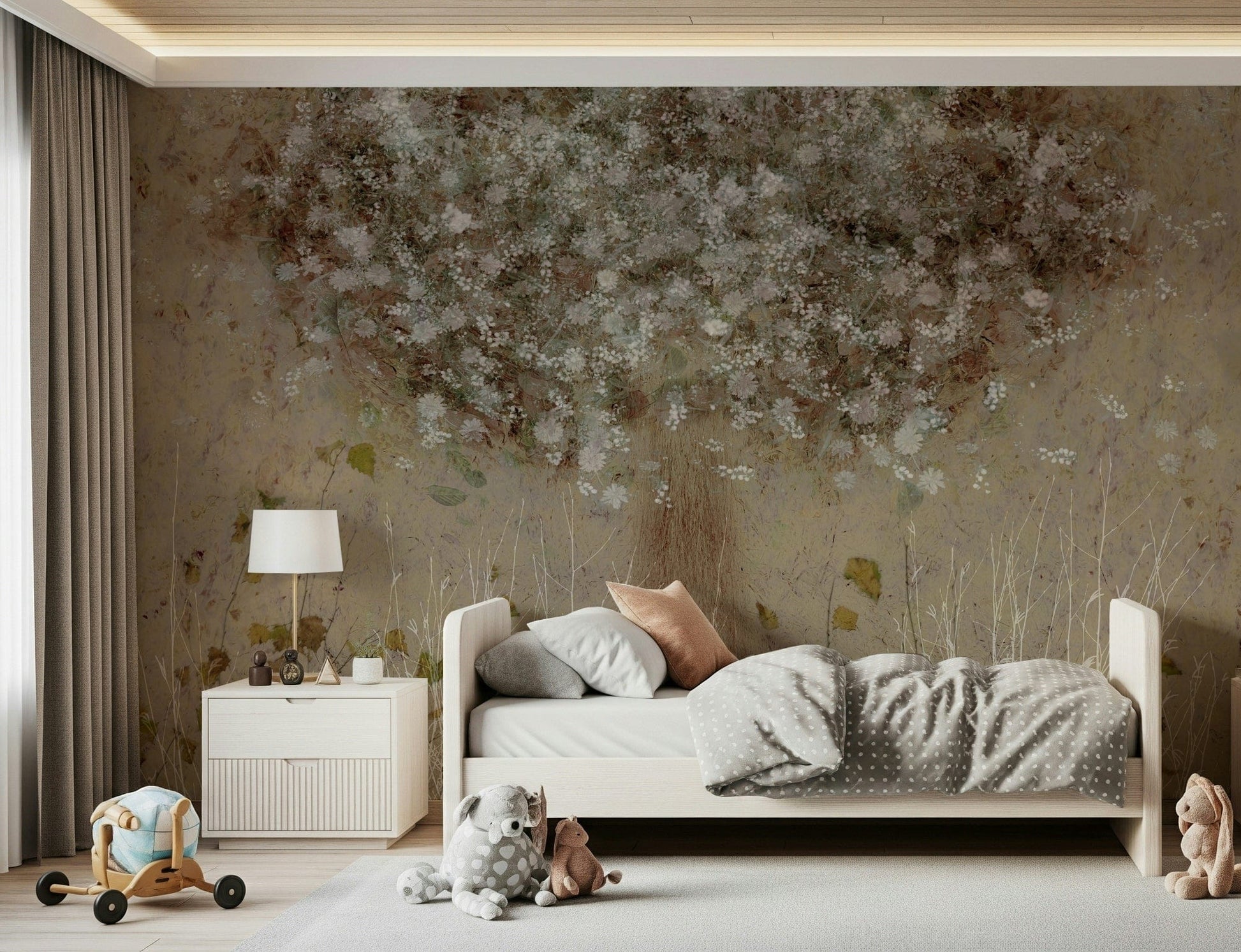 A calming floral design wallpaper mural that defines a space.