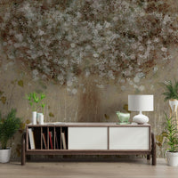 A peaceful flower design mural on decorative wallpaper.
