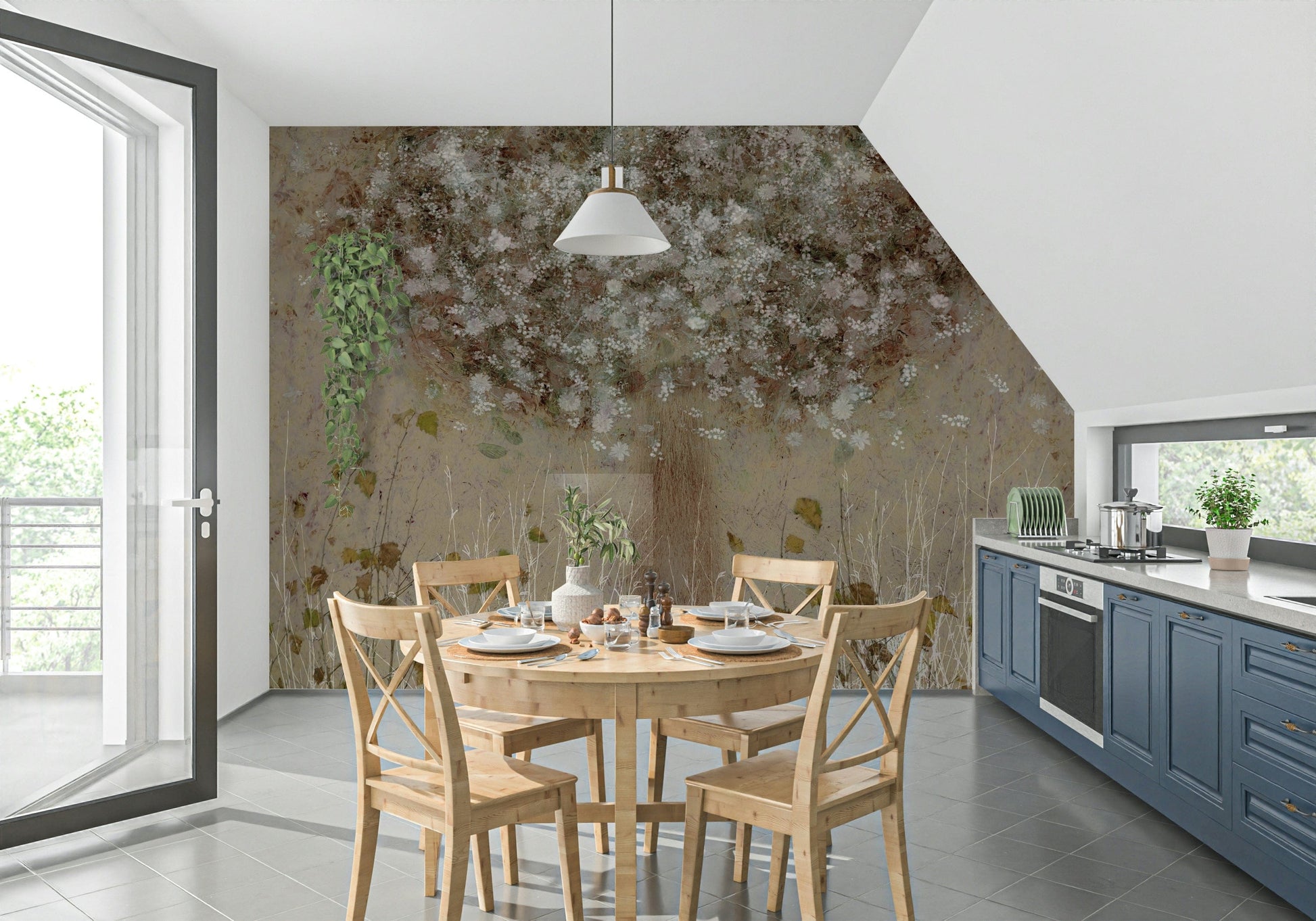 A graceful subtle flower wall mural in soft, elegant tones.
