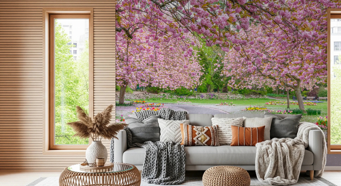 Pink flowering trees in this Blossom Park Wall Mural for living rooms