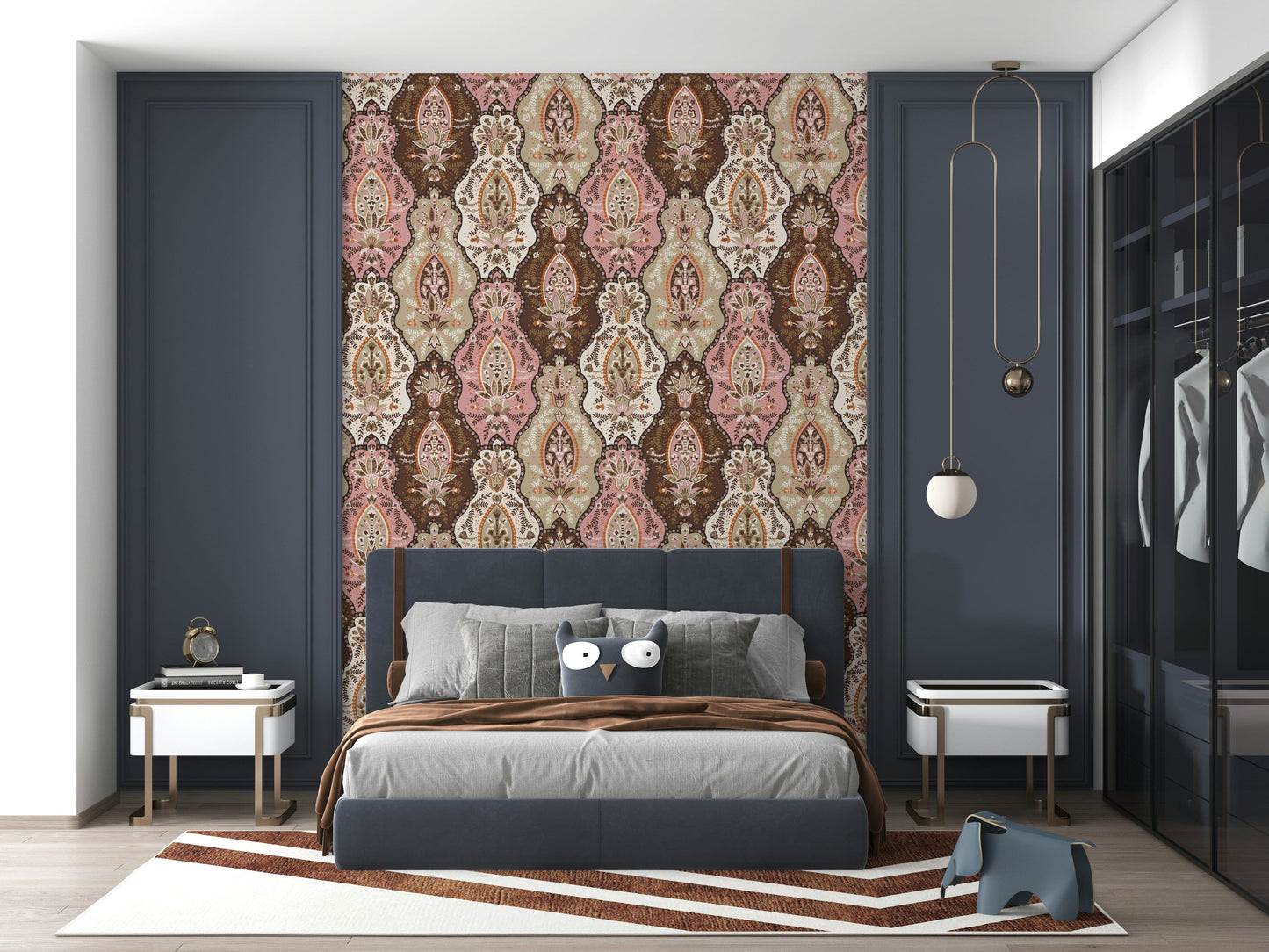 Ornate botanical wallpaper mural combining floral motifs with symmetrical decorative patterns.