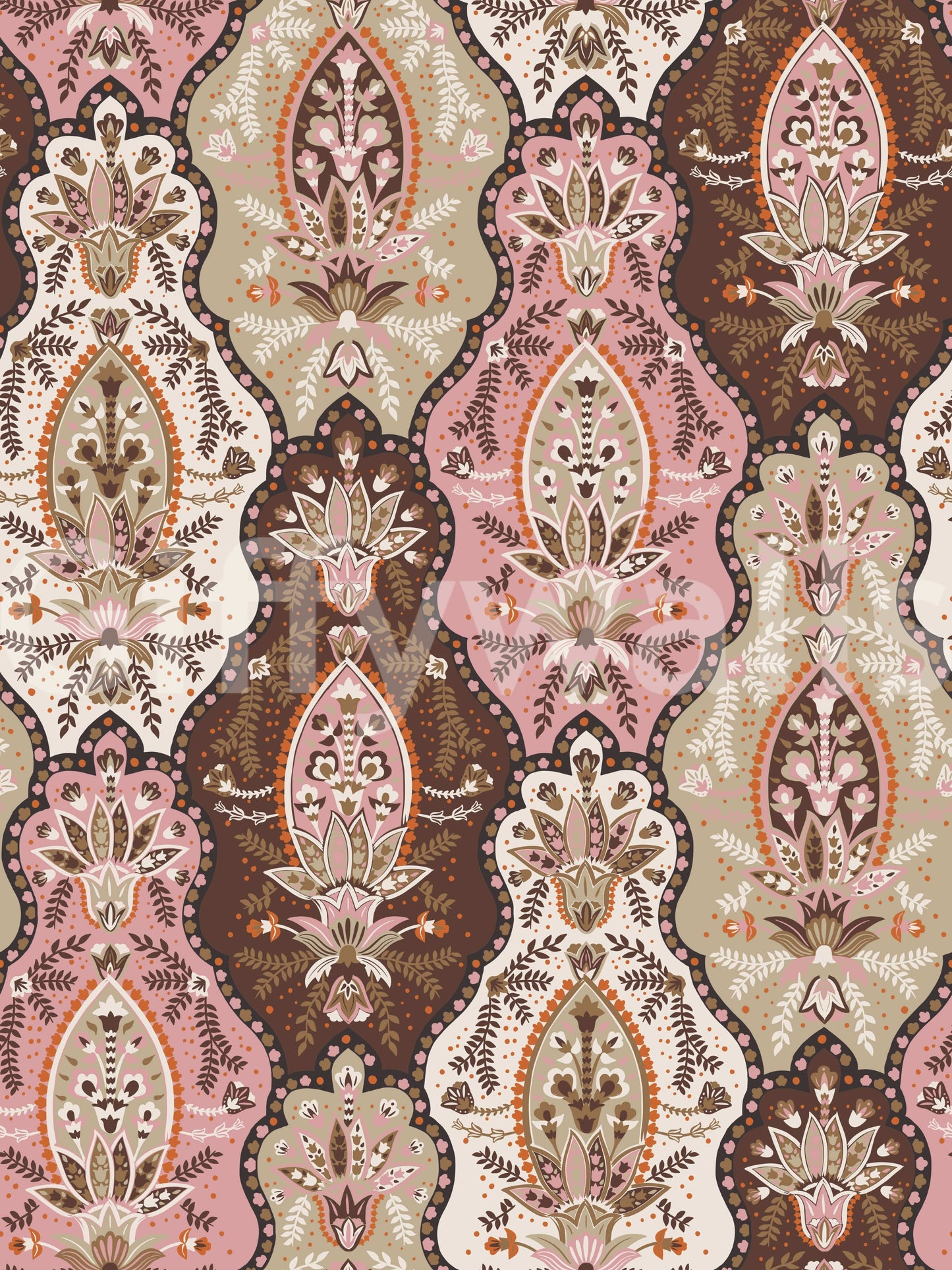 Classic wallpaper mural featuring a woven arrangement of floral and ornamental elements.