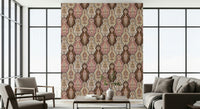 Elegant vintage floral wallpaper in soft pink and earthy brown hues.