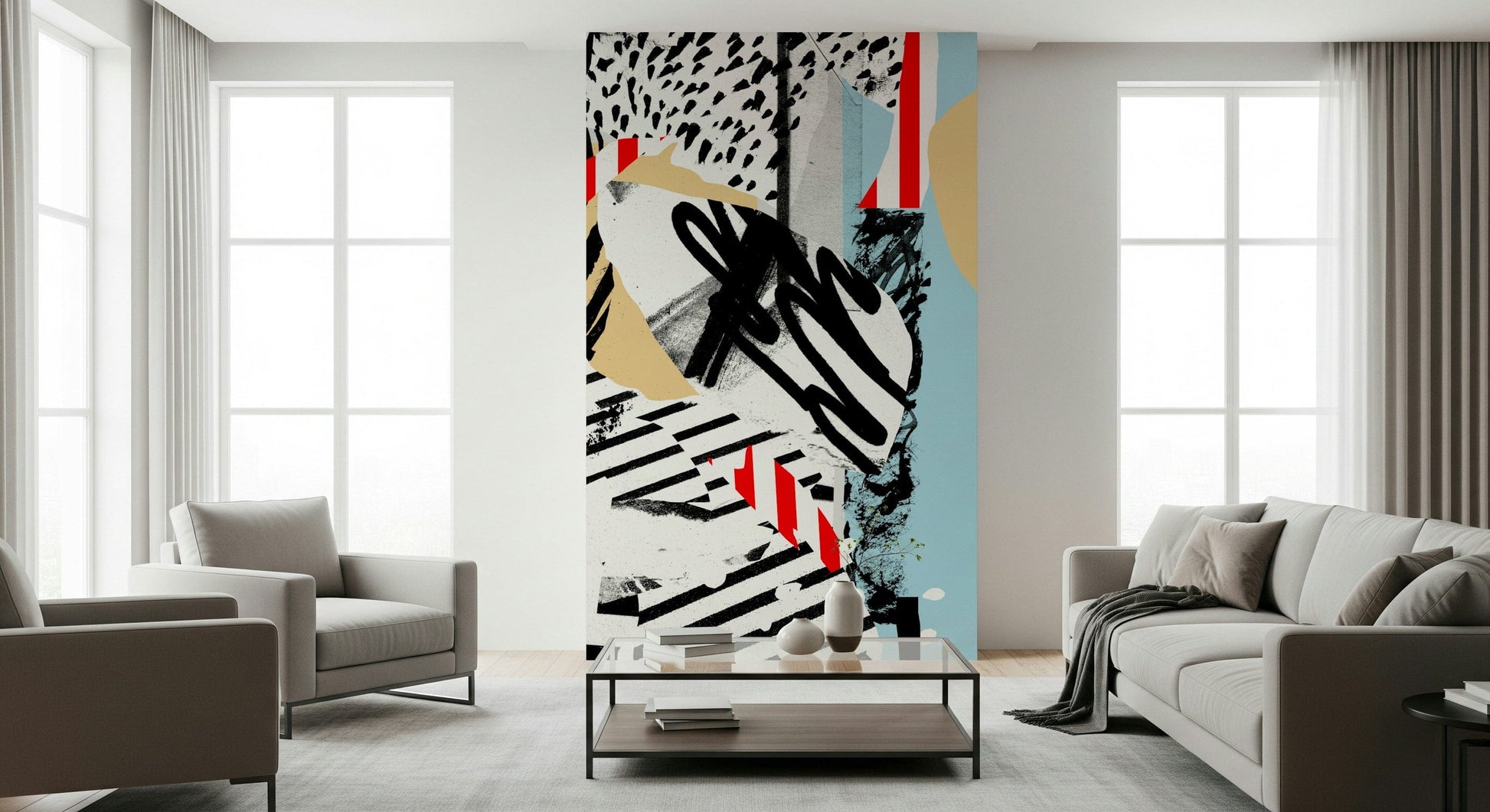 A peaceful natural marble mural on decorative wallpaper.

