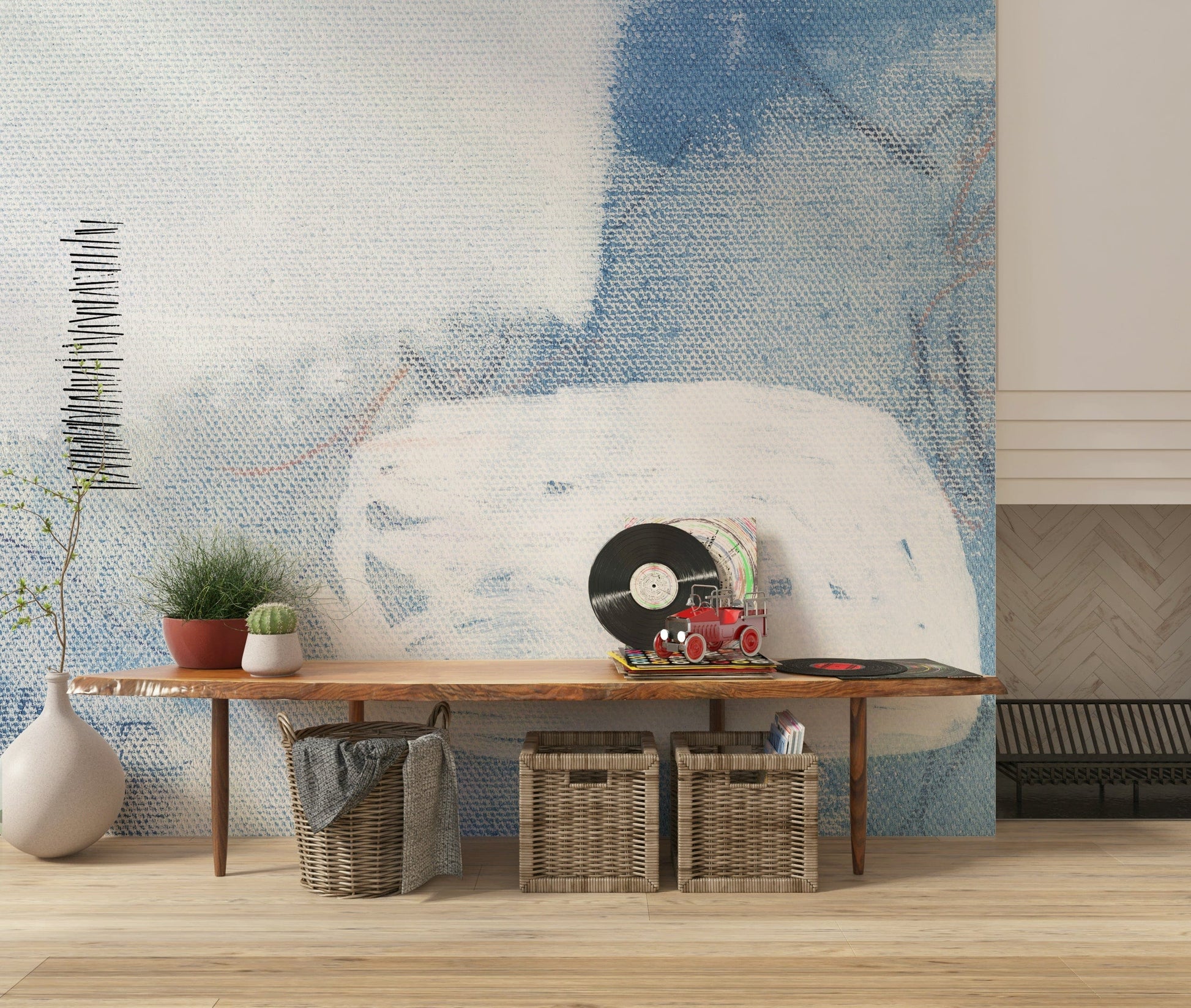 An artistic minimalist form mural for home decor.