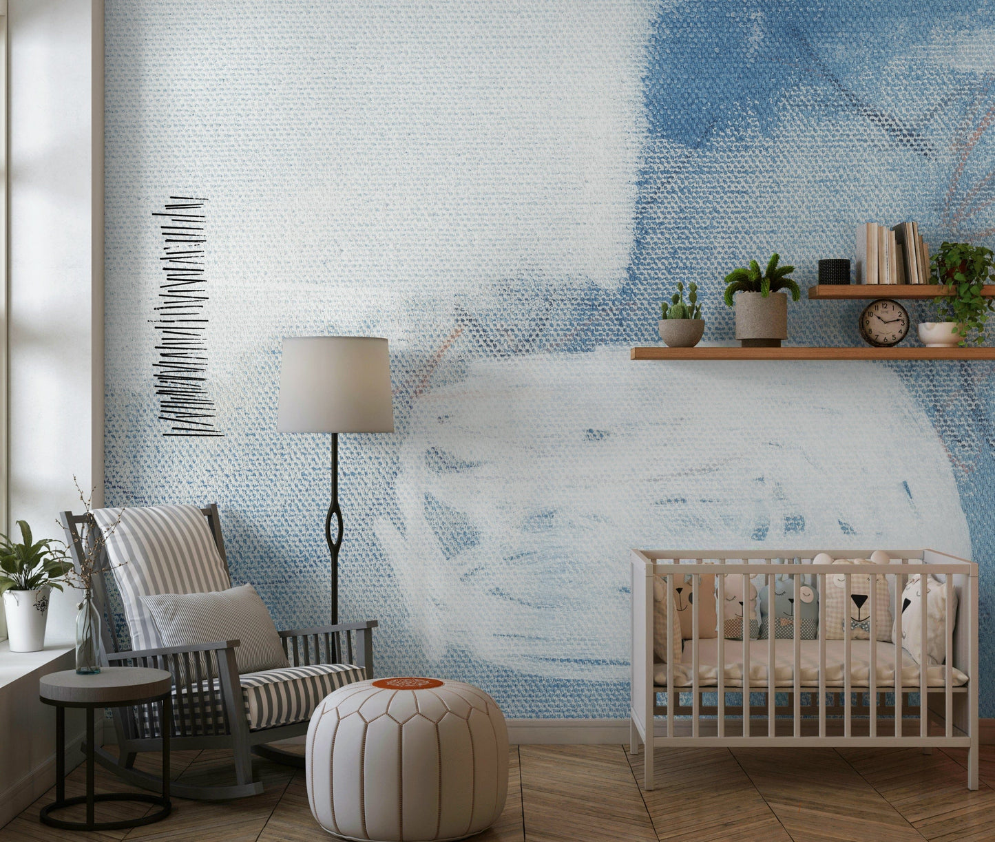 A peaceful modern abstract mural on decorative wallpaper.