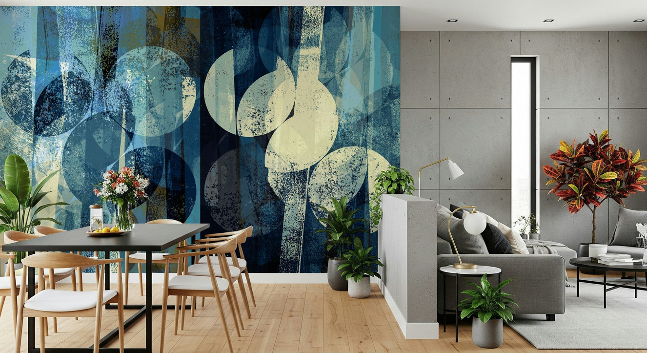 A calming abstract design wallpaper mural that defines a space.