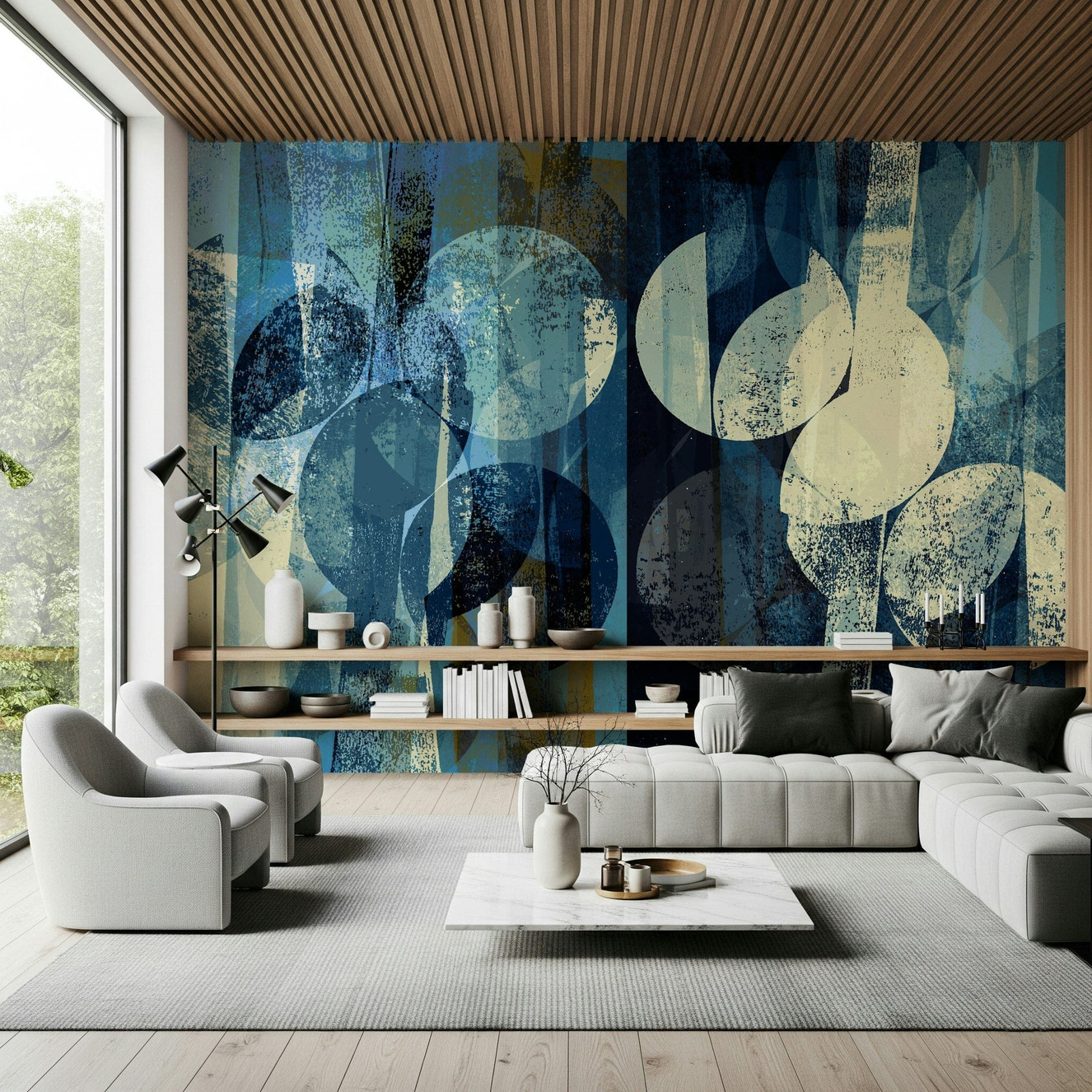 A beautiful abstract art wallpaper mural with indigo and dark blue flowing textures.
