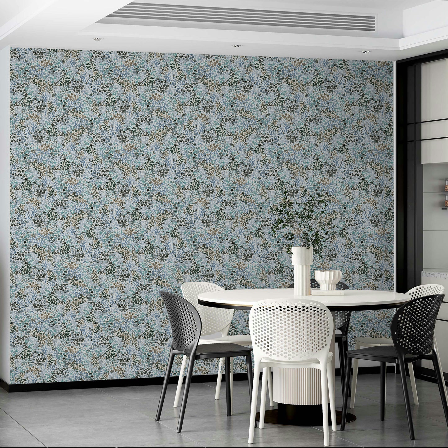 Artistic wall covering with blue fluid painting

