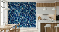 Detailed wall covering of blue agate slices creating a natural gemstone effect