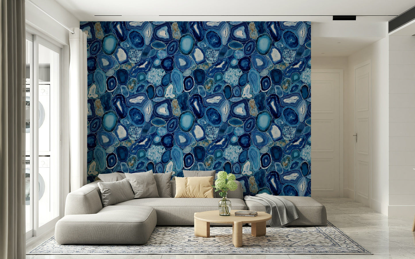 Luxurious wallpaper inspired by the organic shapes of blue agate stones
