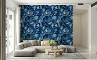 Luxurious wallpaper inspired by the organic shapes of blue agate stones