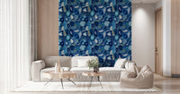 Vibrant blue agate wallpaper highlighting natural stone rings and crystal details
