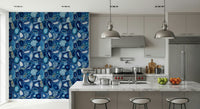 Artistic wall covering showing polished blue agate slices with intricate textures