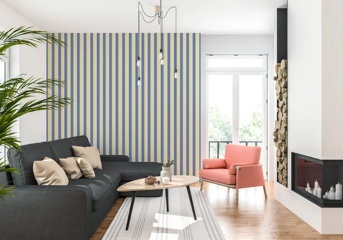 Symmetrical blue and yellow striped wallpaper with a high-quality matte finish.