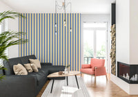 Symmetrical blue and yellow striped wallpaper with a high-quality matte finish.