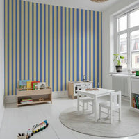 Vertical blue and yellow wallpaper with a seamless and balanced stripe style.