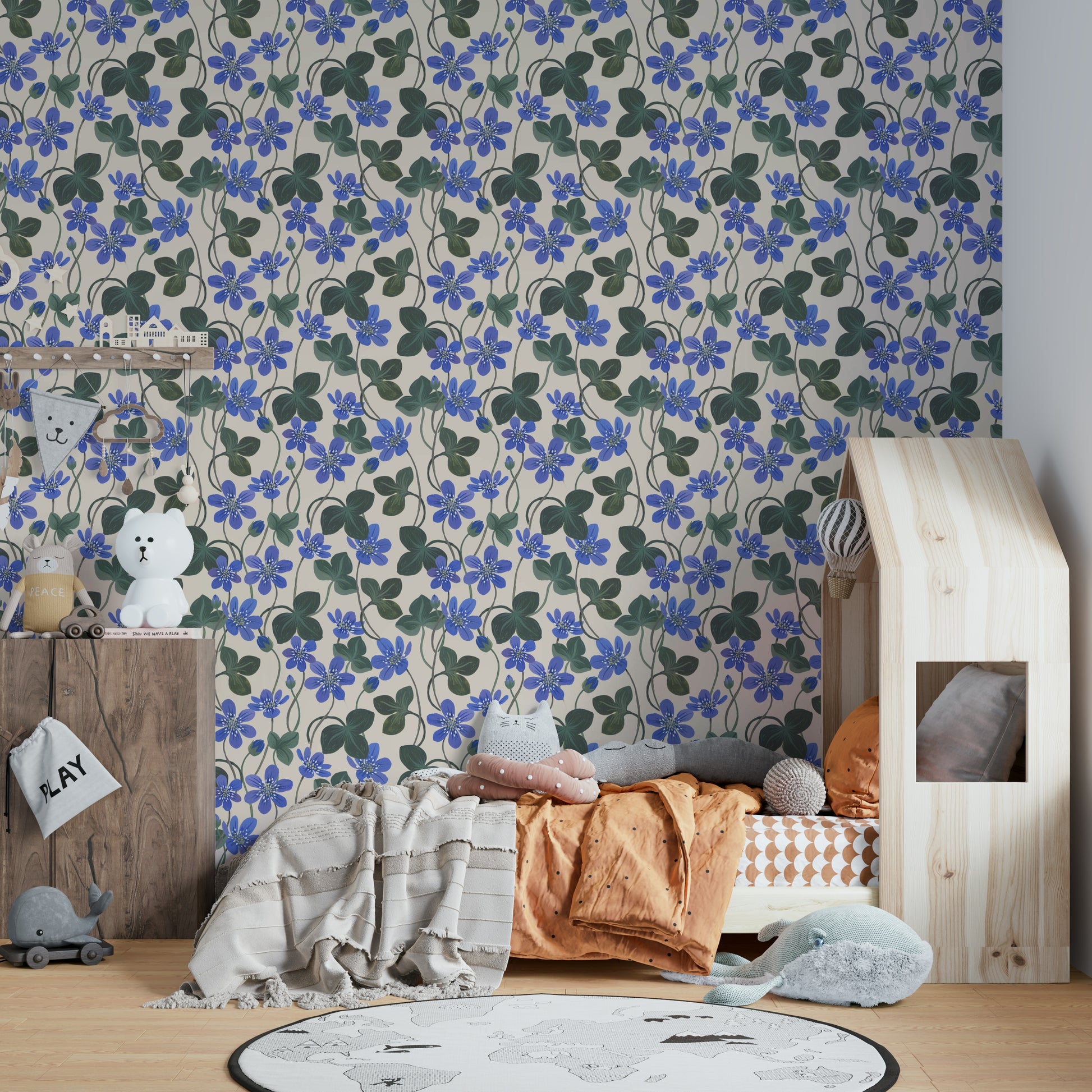 Romantic blue floral print for wall decor

